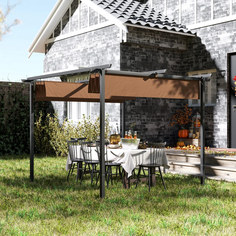 Outsunny Pergola jardin exterieur 3x3 m toit coulissante rétractable polyester haute densité 180g/m², abri soleil UPF30+, marron