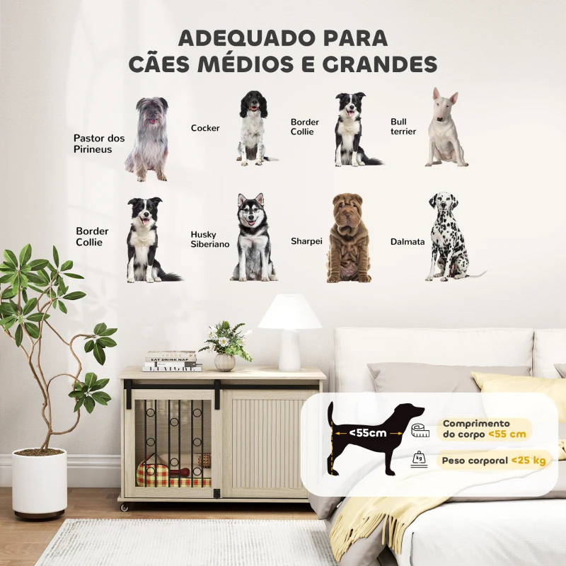 PawHut Móvel Gaiola para Cães com Rodas 2 Portas com Fecho para Cães Médios e Grandes 100x56x65 cm Carvalho