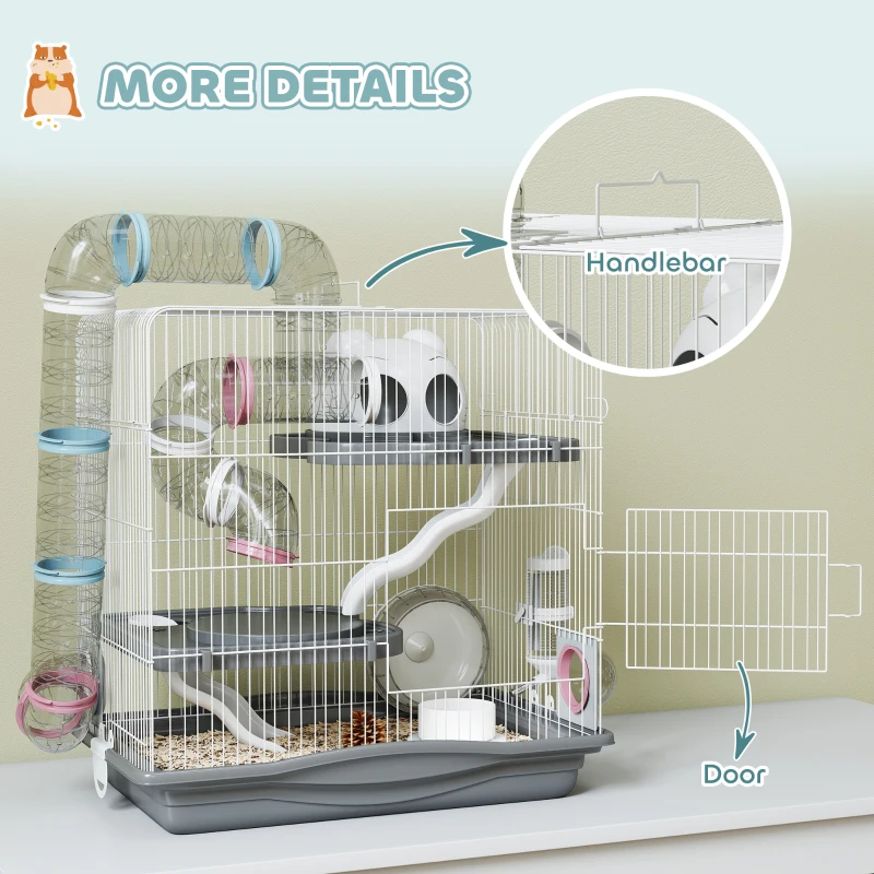 PawHut 3-Level Hamster Cage with 14 Tubes, House, Ramp and Accessories, Metal and Plastic, 45x30x45 cm, Grey
