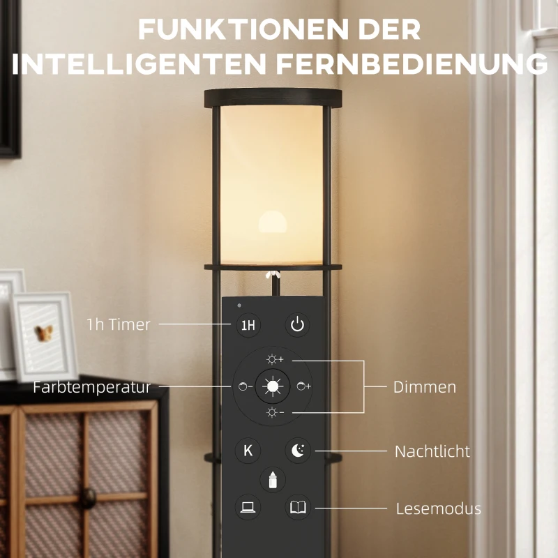 HOMCOM Stehlampe mit 3 Regalen, rundes Design, Fernbedienung, Fußschalter, verstellbare Lichtwärme, für Wohnzimmer, Schwarz