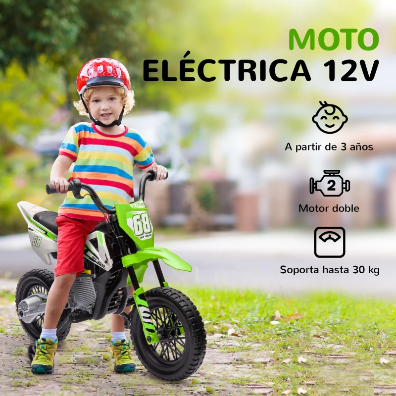 AIYAPLAY Moto Eléctrica para Niños de +3 Años con Batería 12V Música y Ruedas Auxiliares Carga 30 kg Verde