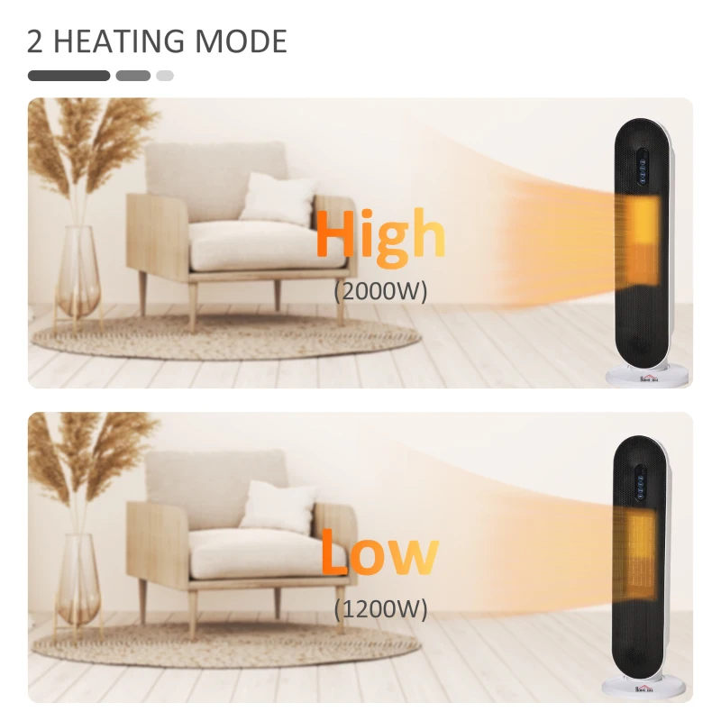 HOMCOM Ceramic Space Heater, Indoor Tower Heater with 45 Degree Oscillation, Remote Control, 24H Timer, 1200W/2000W
