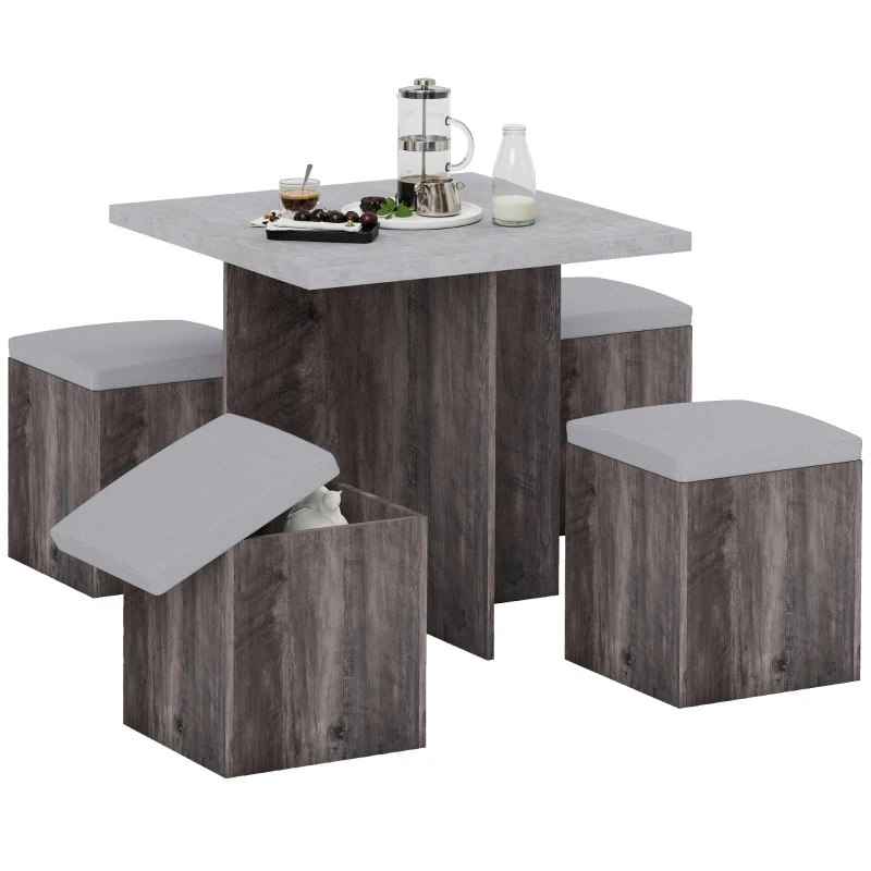 HOMCOM 5PC Dining Set Garden Patio Wooden Set 4 Storage Stools Footrest Ottoman with Cushions + 1 Table Space Saving Design Indoor Outdoor