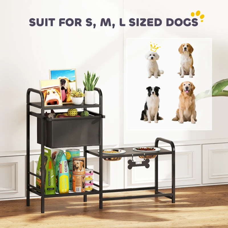 PawHut Ciotola rialzata per cani Regolabile in altezza Supporto con spazio di stoccaggio Ciotole 2 x 800ml in acciaio inossidabile 89,5x27x74 cm Nero