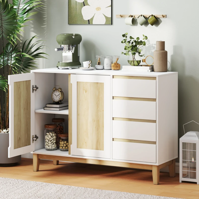 HOMCOM Buffet, meuble de rangement avec 2 portes et 4 tiroirs, étagère réglable, 120 x 40 x 86 cm, blanc et chêne