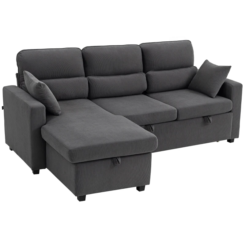 HOMCOM Verstellbares Bettsofa, L-förmiges Gästesofa mit Bettfunktion, Stauraum, Kissen, für Wohnzimmer, Gästezimmer, Dunkelgrau