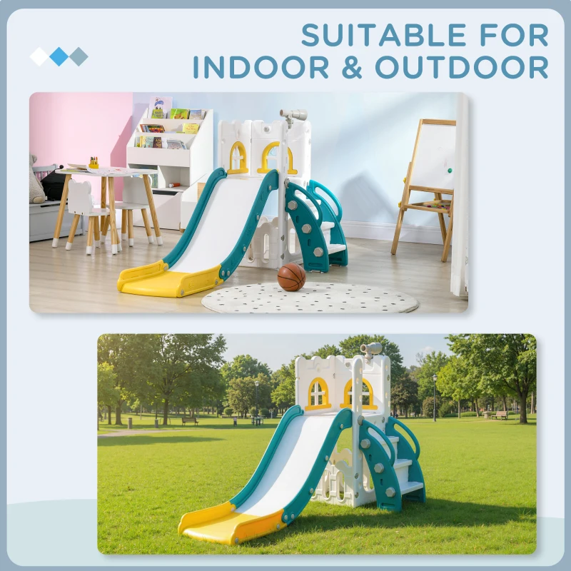 AIYAPLAY Kinderrutsche, 5 in 1, Kleinkinderrutsche mit Basketballkorb, Teleskop Klettergerüst Gelb 70 x 177 x 92 cm(m-8)