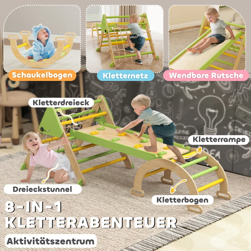 AIYAPLAY 8-in-1 Montessori Klettergerüst Indoor Holz Kletterdreieck mit Kletterbogen, doppelseitiger Rutsche, Grün