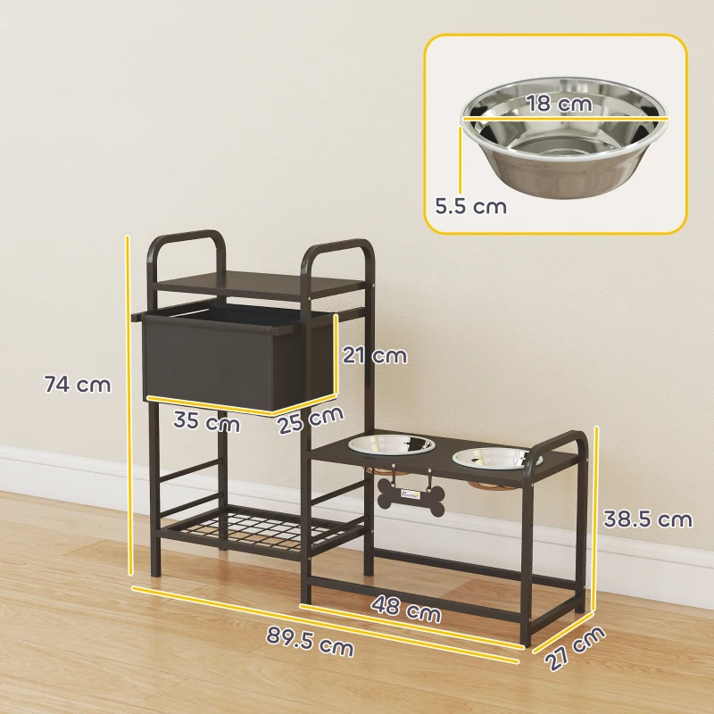 PawHut Ciotola rialzata per cani Regolabile in altezza Supporto con spazio di stoccaggio Ciotole 2 x 800ml in acciaio inossidabile 89,5x27x74 cm Nero