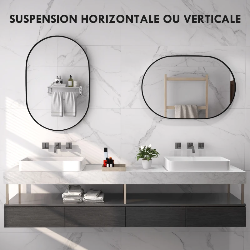 HOMCOM Miroir ovale mural cadre en aluminium style minimaliste montage vertical ou horizontal avec 3 crochets 60 x 90 cm noir