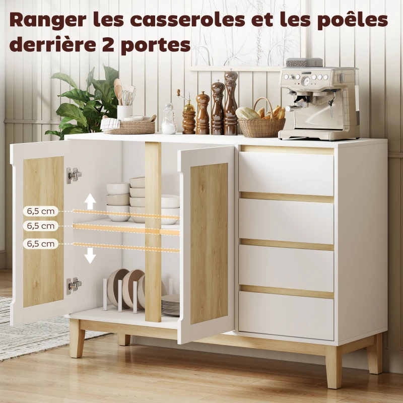 HOMCOM Buffet, meuble de rangement avec 2 portes et 4 tiroirs, étagère réglable, 120 x 40 x 86 cm, blanc et chêne