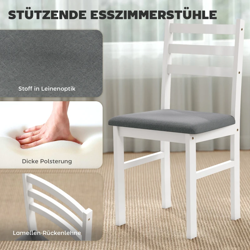 HOMCOM 3-teiliges Esstisch-Set mit 2 Stühlen, Küchentisch für kompakte Räume, gepolsterte Stühle, platzsparend, MDF, Weiß(m-5)