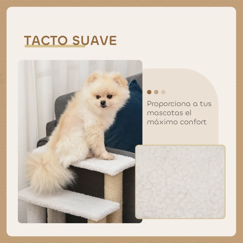 PawHut Escalera para Gatos de 4 Niveles Cubierto de Suave Felpa Poste de Yute Bola Colgante 60x40x64 cm Blanco