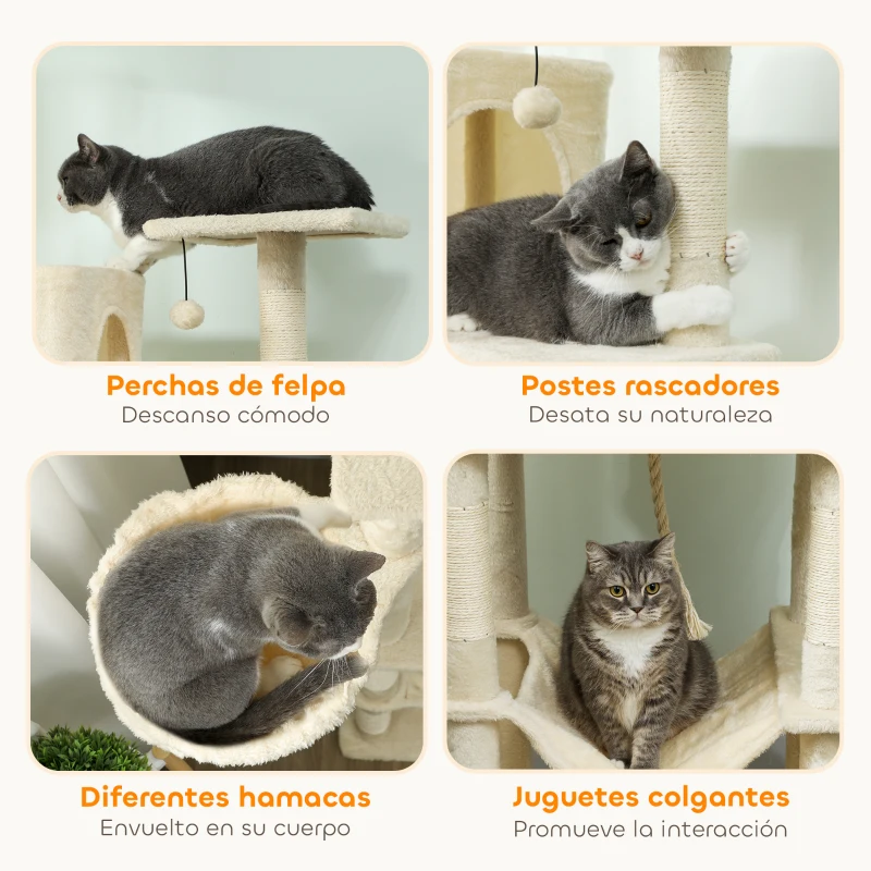 PawHut Árbol Rascador para Gatos con Plataforma Torre Escalador para Gatos con Cama Cuevas Postes de Sisal 60x48x202 cm Beige