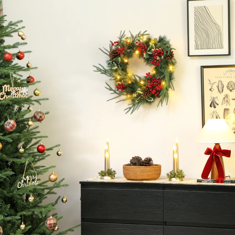 HOMCOM Couronne de Noël lumineuse 60 cm avec 35 LED, minuterie, 170 pointes, pommes de pin, baies, feuilles de houx, vert