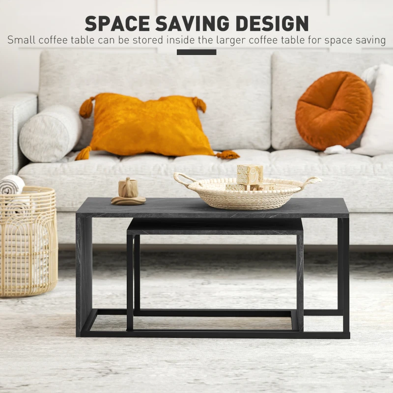 HOMCOM Nesting Coffee Table Set of 2, Industrial Stacking Side End Tables with Metal Frame for Living Room, Bedroom, Dark Grey Marble Effect