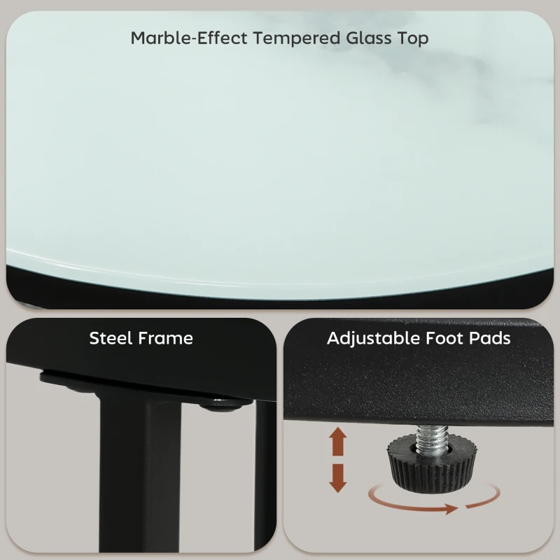 HOMCOM Glass Coffee Table Set of 2, Round Nest of Tables with Marble-Effect Tempered Glass Tabletop and Steel Frame, Modern Side Tables for Living Room, White