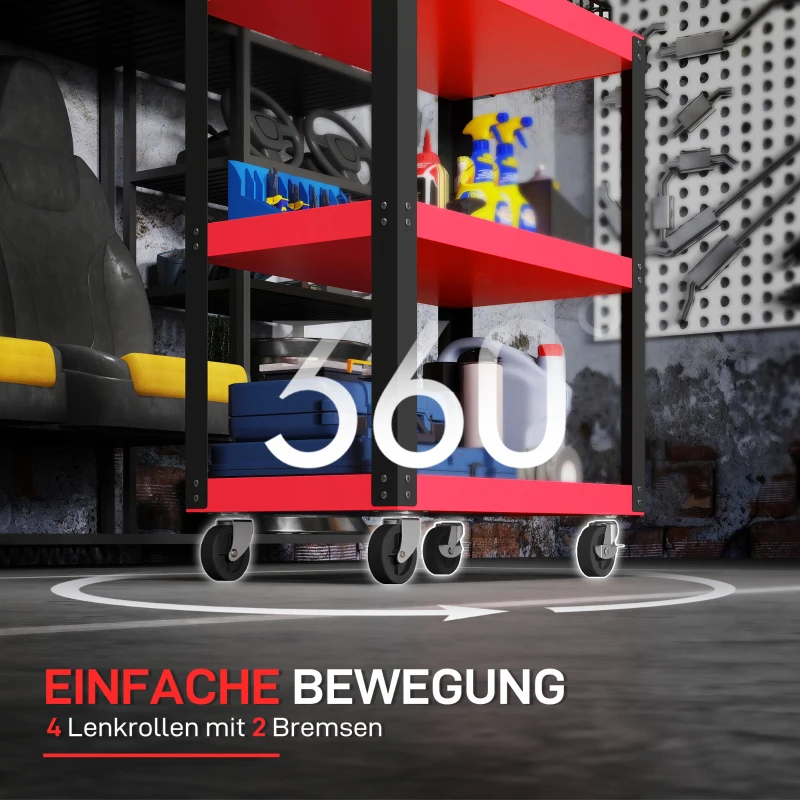 HOMCOM Werkzeugwagen mit 3 Ebenen, Metallrahmen, 120 kg Belastbarkeit, Rollen, Griff, Rot