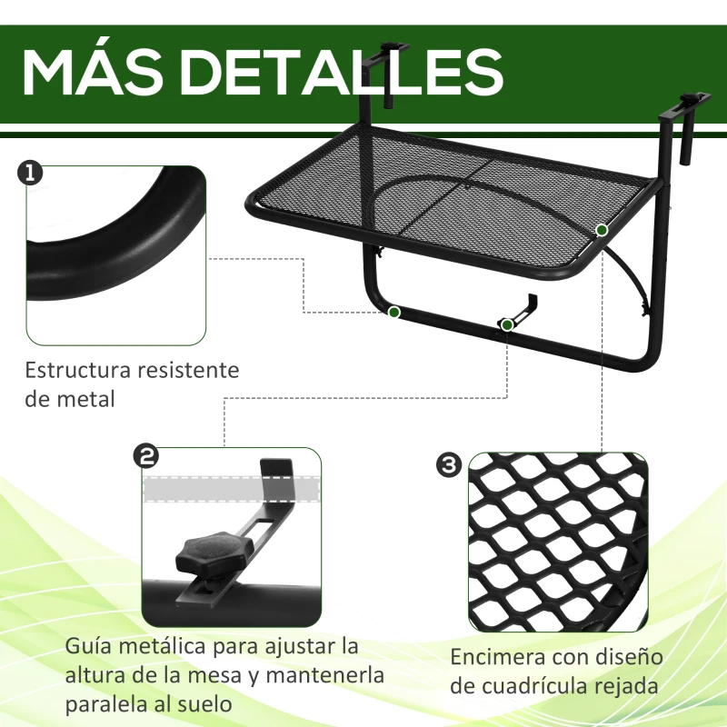 Outsunny Mesa Colgante de Balcón con Brazo Regulable y Altura Ajustable en 3 Posiciones Marco Metálico 60x56x50 cm Negro
