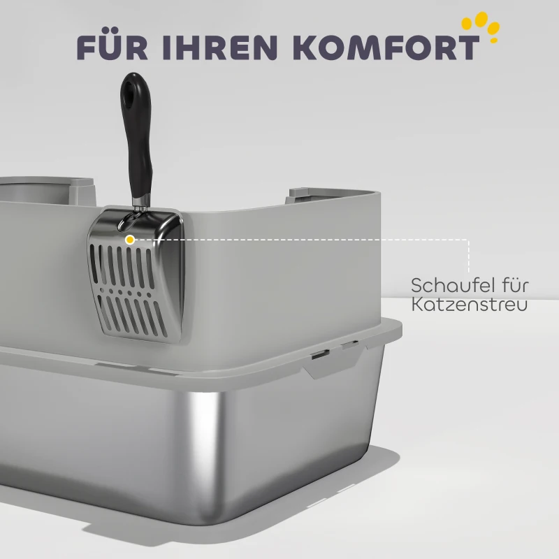 PawHut Caja de arena de acero inoxidable abierta con pala, borde alto y alfombrilla para gatos hasta 7 kg 60,2 x 40,2 x 29,5 cm, Gris