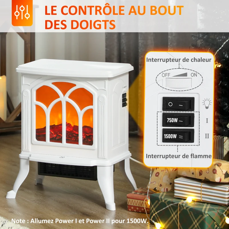 HOMCOM Cheminée électrique sur pied 750/1500 W, fausse cheminée décorative avec effet flamme LED, 37,3 x 23,1 x 44 cm, blanc