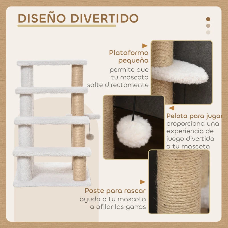 PawHut Escalera para Gatos de 4 Niveles Cubierto de Suave Felpa Poste de Yute Bola Colgante 60x40x64 cm Blanco