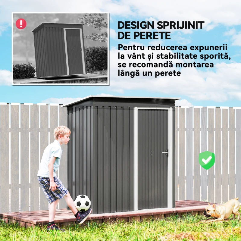 Outsunny Adăpost Unelte cu Acoperiș Înclinat și Ușă Glisantă, din Oțel și PP, 163x89x182 cm, Gri Deschis