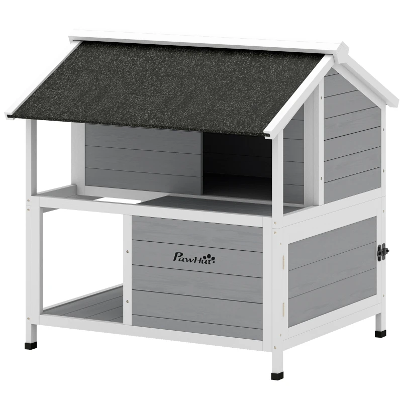 PawHut Outdoor-Katzenhaus, Katzenzuflucht für den Außenbereich, wasserfest, aufklappbares Dach, Fichtenholz, 80 x 93 x 95, Grau