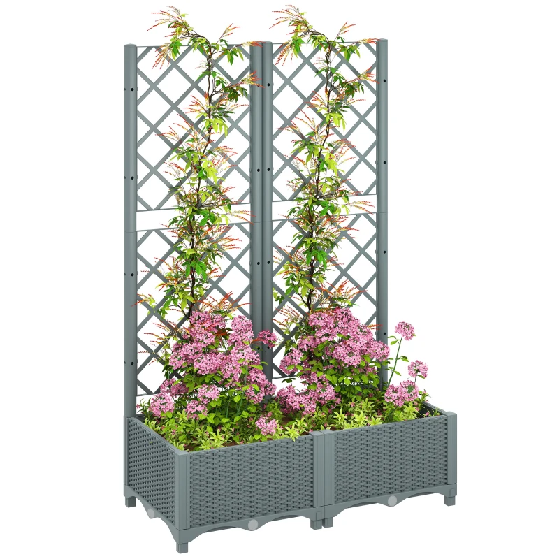 Outsunny Raised Garden Bed with Trellis, Plastic Planter Box with Drainage Holes, Drain Plugs and Water Reservoirs for Climbing Plants, Vegetables, Flowers, Grey