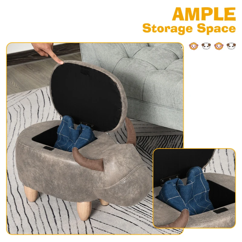 HOMCOM Animal footstool Buffalo Storage Stool Cute Decoration Wood Frame Legs w/Padding Lid Ottoman Furniture Brown