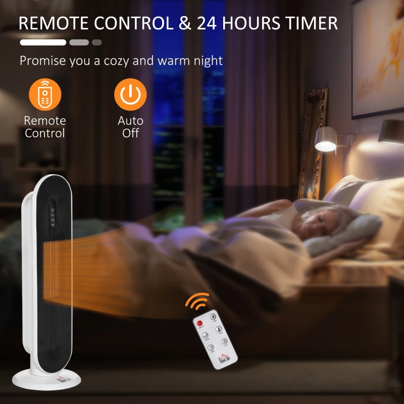 HOMCOM Ceramic Space Heater, Indoor Tower Heater with 45 Degree Oscillation, Remote Control, 24H Timer, 1200W/2000W