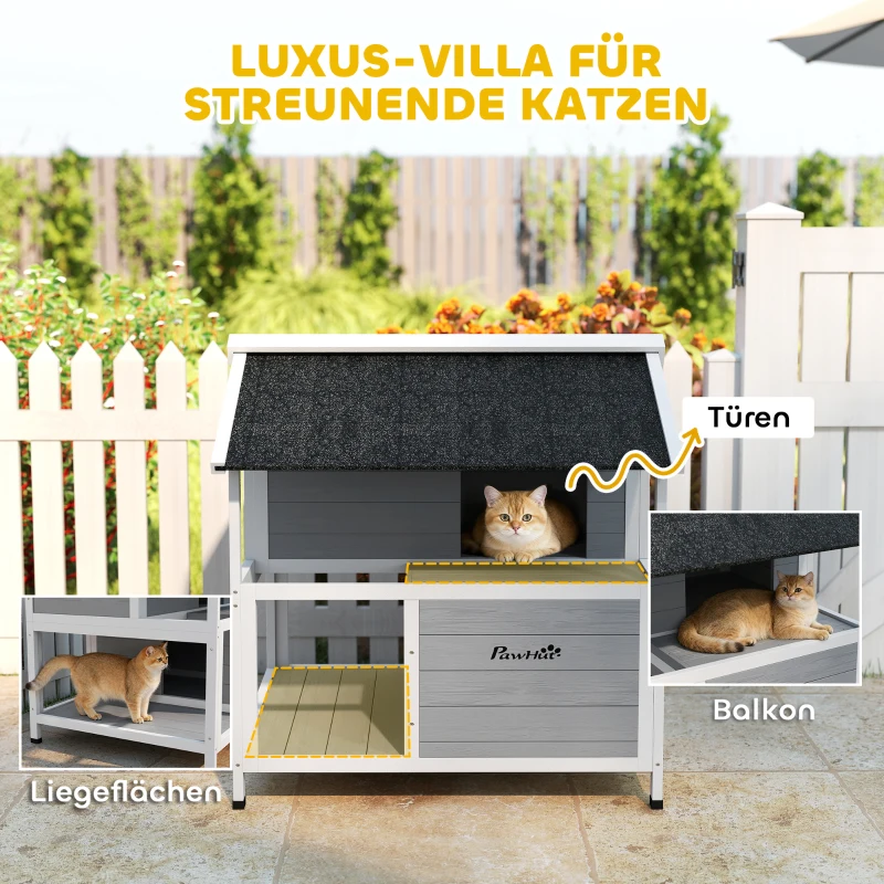 PawHut Outdoor-Katzenhaus, Katzenzuflucht für den Außenbereich, wasserfest, aufklappbares Dach, Fichtenholz, 80 x 93 x 95, Grau