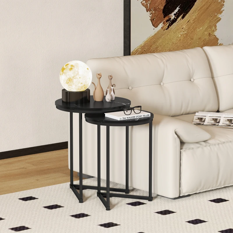 HOMCOM Set of Two Marble-Effect Nest of Tables - Black Marble Effect