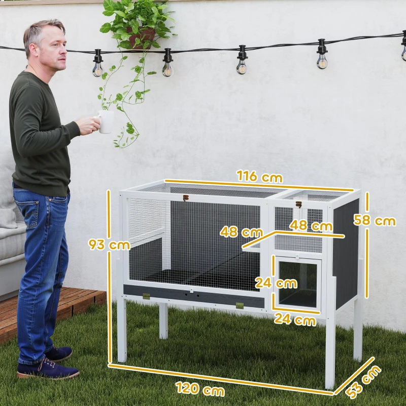 PawHut Cage pour lapins et hamsters d'intérieur surélevée avec plateau extractible et toit ouvrant, Gris