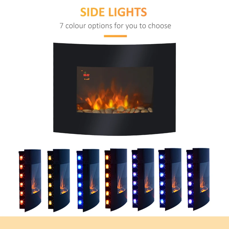 HOMCOM Led Wall Mounted Fireplace Curved Glass Electric Fire Place Fire Place 7 Colour Side Lights Slimline, 900/1800W, 65cm x 52cm