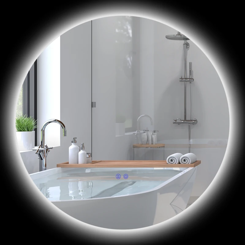 kleankin Specchio Bagno con Luci LED Regolabili, Interruttori Touch e Design Antiappannamento, Ø80 cm