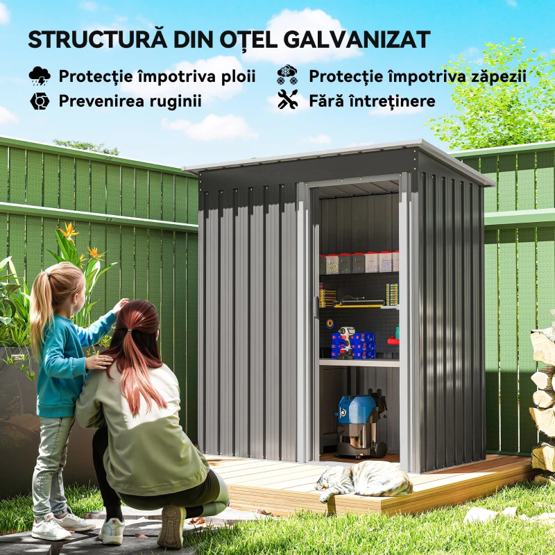 Outsunny Adăpost Unelte cu Acoperiș Înclinat și Ușă Glisantă, din Oțel și PP, 163x89x182 cm, Gri Deschis