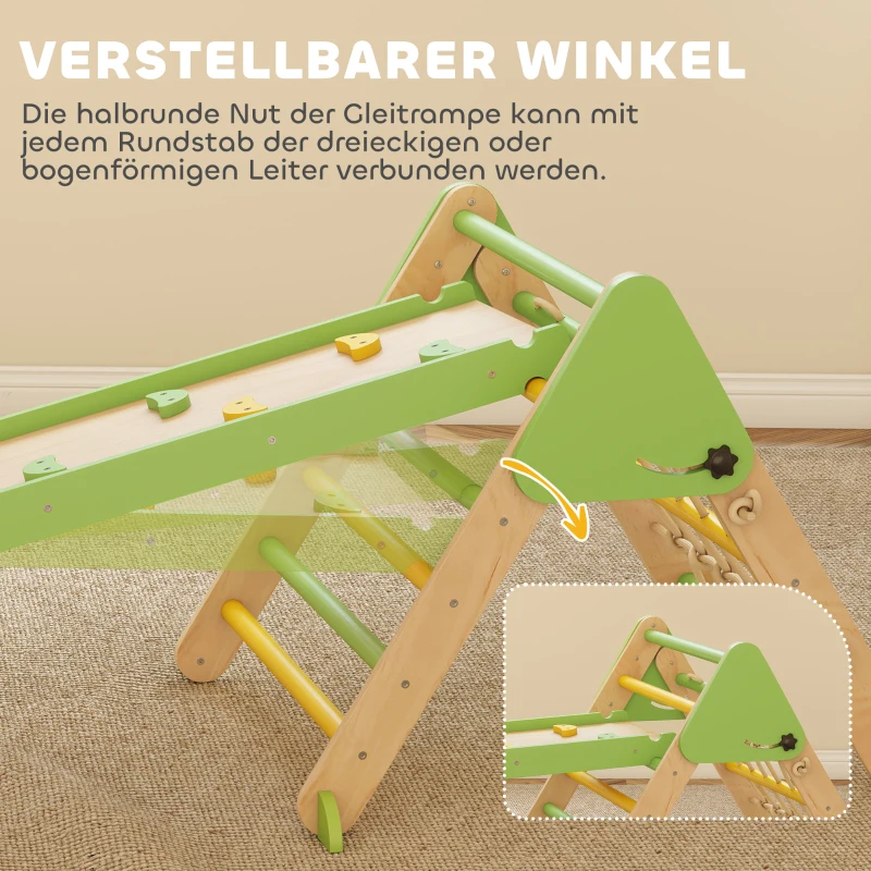 AIYAPLAY 8-in-1 Montessori Klettergerüst Indoor Holz Kletterdreieck mit Kletterbogen, doppelseitiger Rutsche, Grün