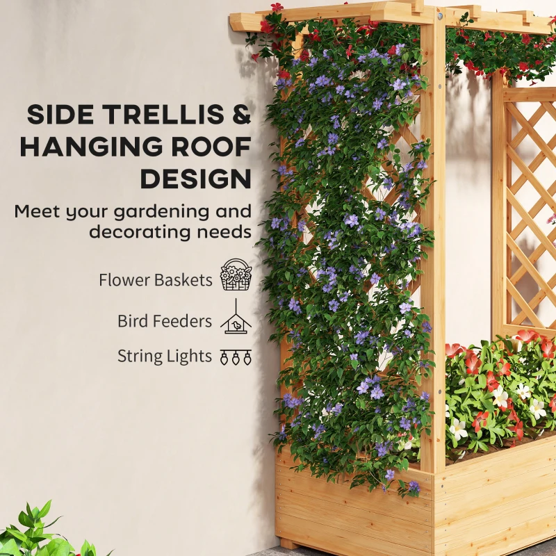 Outsunny Garden Planter with Trellis, Wooden Raised Bed for Garden with Hanging Roof and Drainage Holes, Outdoor Trellis Planter Box for Vegetables, Herbs and Flowers, 110 x 44 x 113 cm, Natural
