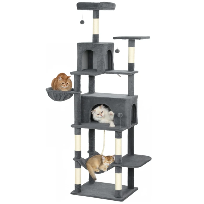 PawHut Árbol Rascador para Gatos con Plataforma Torre Escalador para Gatos con Cama Cuevas Postes de Sisal 60x48x202 cm Gris