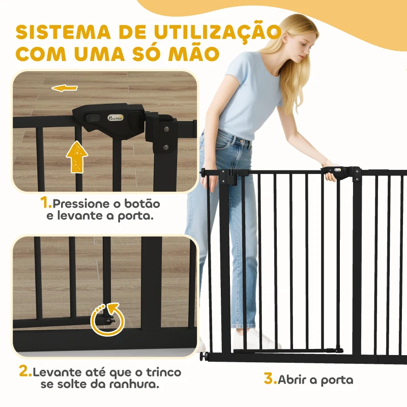 PawHut Barreira de Segurança de Cães para Escadas e Portas 74-94 cm com 1 Extensão Fechamento Automático e Sistema de Duplo Bloqueio Aço Preto