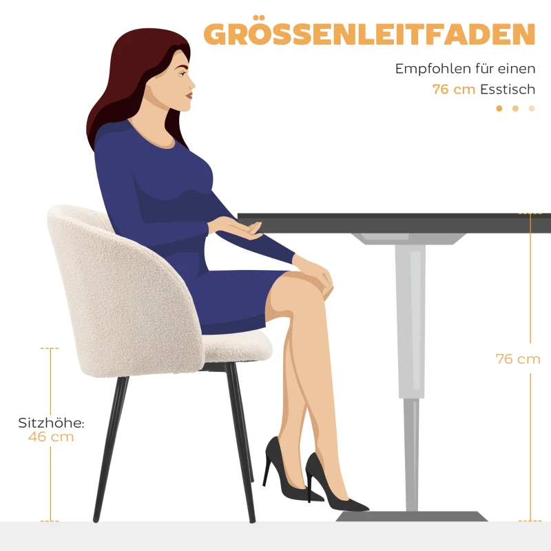 HOMCOM 2er-Set Esszimmerstühle, Polsterstühle mit Stoffbezug, Küchenstühle mit Stahlbeinen, gewölbte Rückenlehne, Cremeweiß