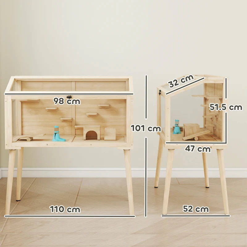 PawHut Wooden Hamster Cage, Hamster Habitat with Openable Top, Seesaws, Platforms, Water Bottle for Gerbils, 110 x 52 x 101 cm