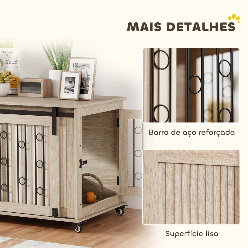 PawHut Móvel Gaiola para Cães com Rodas 2 Portas com Fecho para Cães Médios e Grandes 100x56x65 cm Carvalho