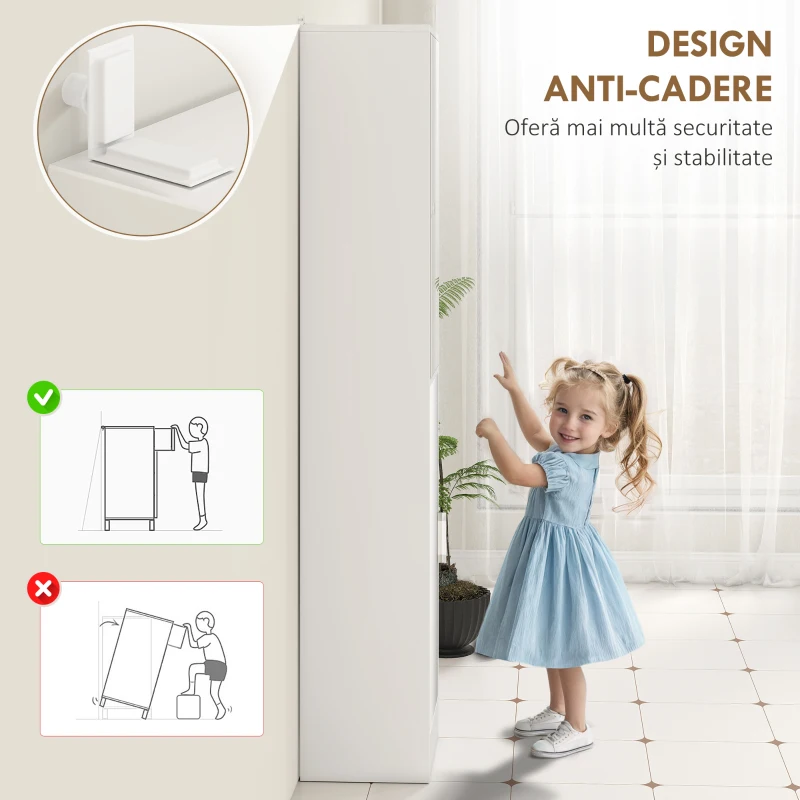 kleankin Dulăpior Coloană de Baie din Lemn cu 5 Rafturi și Ușă cu Oglindă, 32x28x162 cm, Alb