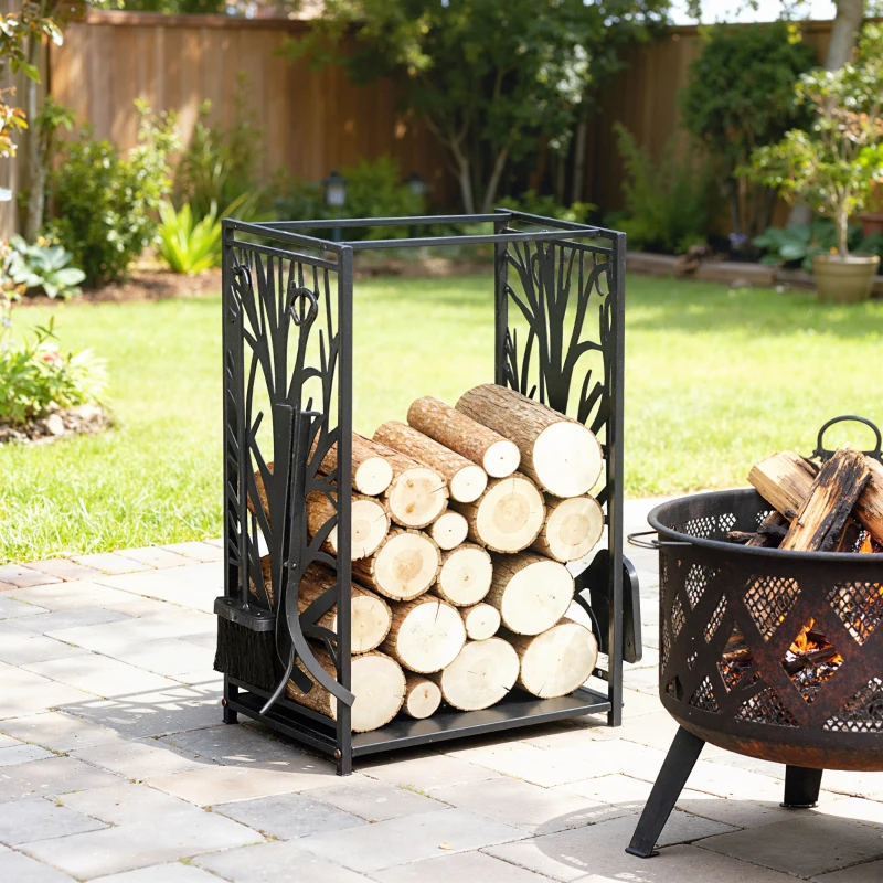 HOMCOM Estante para Leña Estantería de Almacenamiento para Chimenea 46x30x70 cm Soporte para Leña con 4 Herramientas Negro