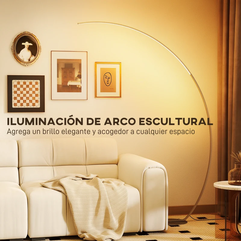 HOMCOM Lámpara de Pie Forma Arco con Brillo y Temperaturas de Color Ajustables 3000K-6500K Mando a Distancia Magnético Plata