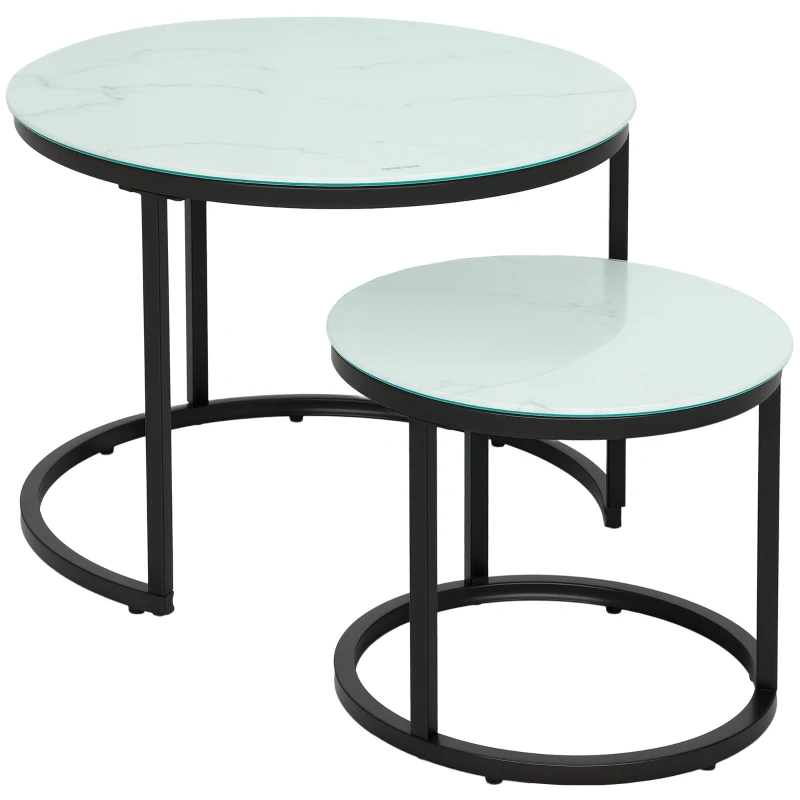 HOMCOM Glass Coffee Table Set of 2, Round Nest of Tables with Marble-Effect Tempered Glass Tabletop and Steel Frame, Modern Side Tables for Living Room, White