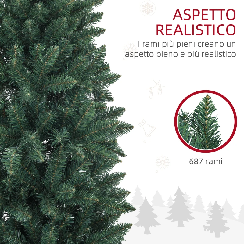 HOMCOM Albero di Natale Artificiale 210cm con 687 Rami, Design Alto e Stretto con Base Pieghevole, Verde