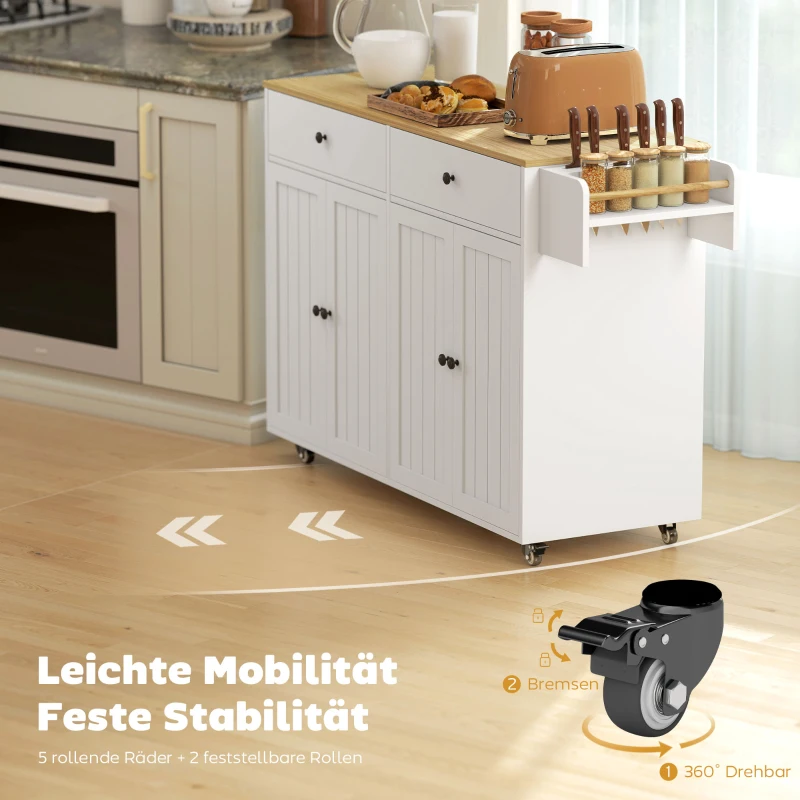 HOMCOM Rollbare Kücheninsel, 2 Schubladen, 2 Schränke, verschiebbar, Gewürzregal, Handtuchhalter, Messerhalter, MDF, Weiß